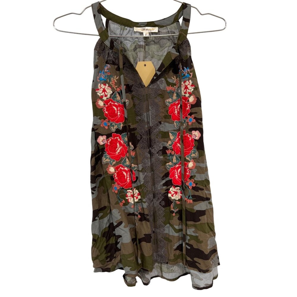 Andrée By Unit Camouflage Floral Embroidered Tank Small Green Boho Hippie NEW